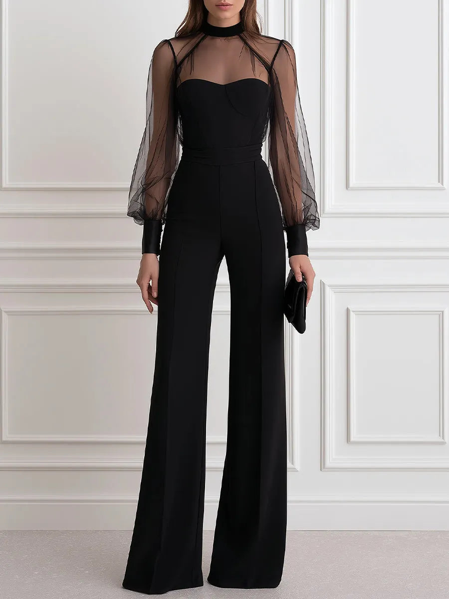 Elegant Mesh Sheer Long Sleeve High Neck Wide Leg Jumpsuit