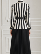 Black White Vertical Stripe Tailored Blazer & Pleated Midi Skirt Two-Piece Suit Set