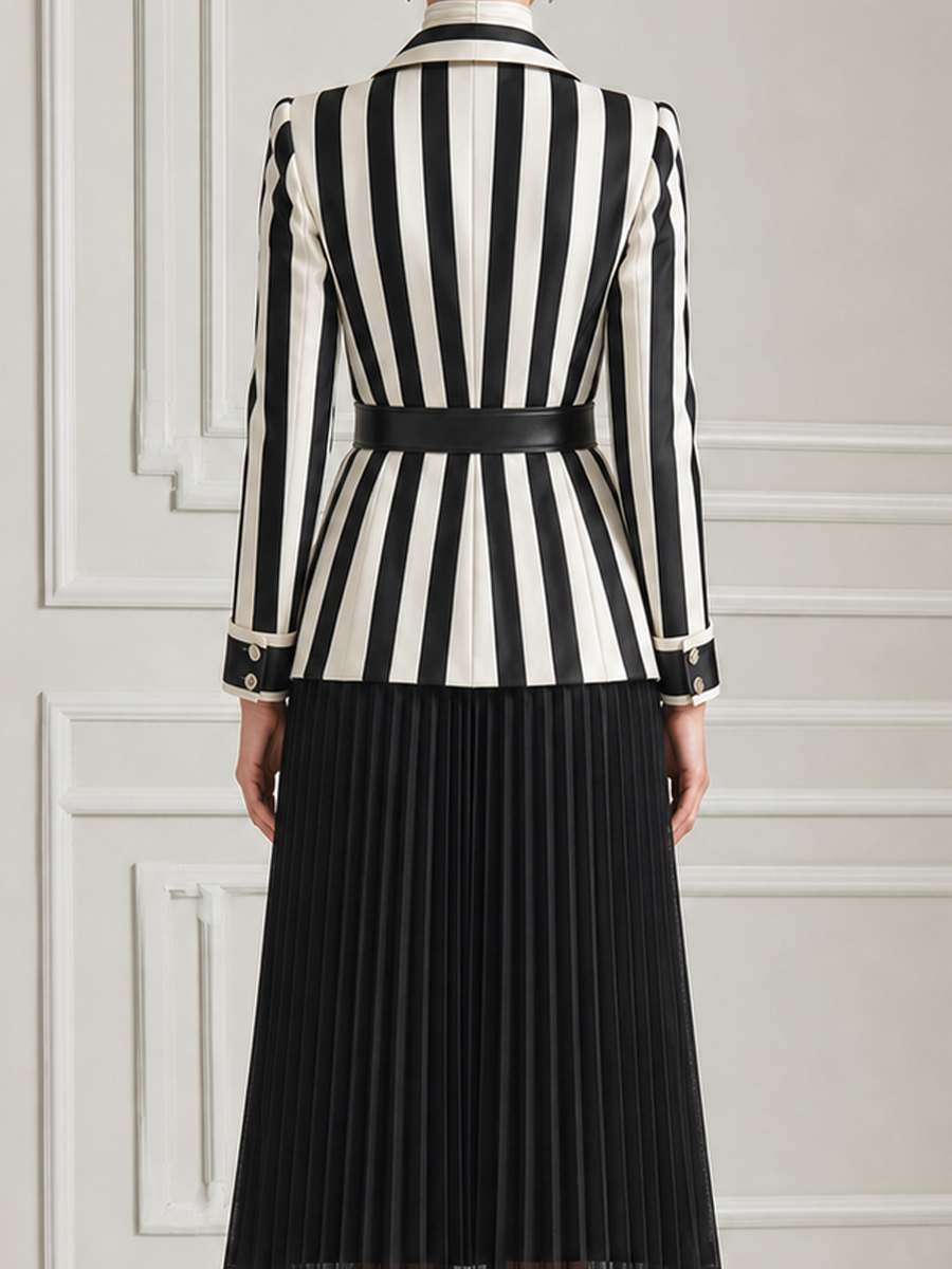 Black White Vertical Stripe Tailored Blazer & Pleated Midi Skirt Two-Piece Suit Set