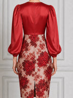 Red Dress Fall Wedding Guest Dress Satin Puff Sleeve Floral Pencil Midi Dress