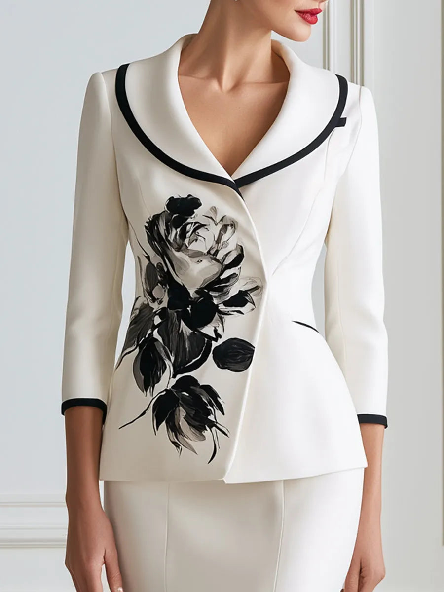 Contrast Piped Floral Blazer And Pencil Skirt Set