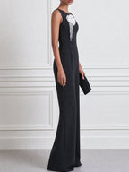 3D Rosette Pearl Tassel Sleeveless Bateau-Neck Wide-Leg Jumpsuit