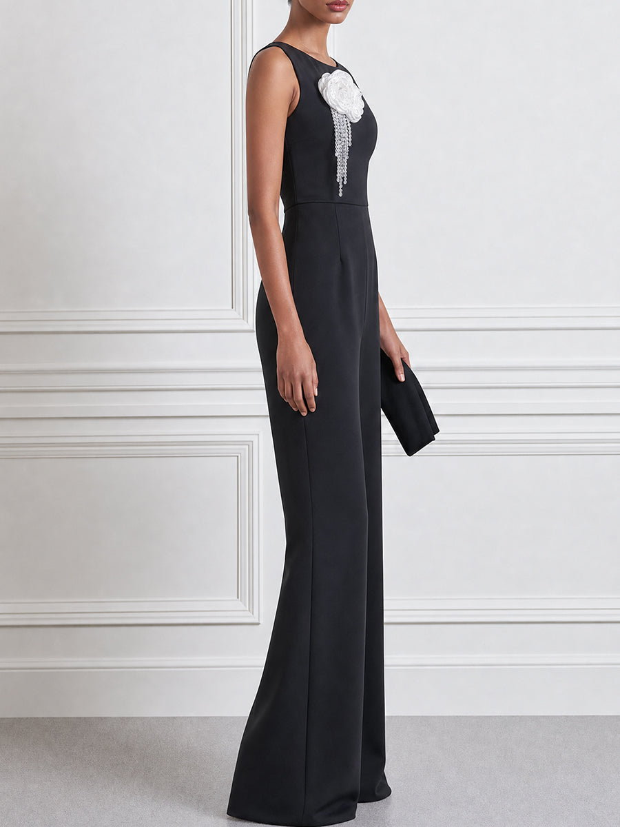 3D Rosette Pearl Tassel Sleeveless Bateau-Neck Wide-Leg Jumpsuit