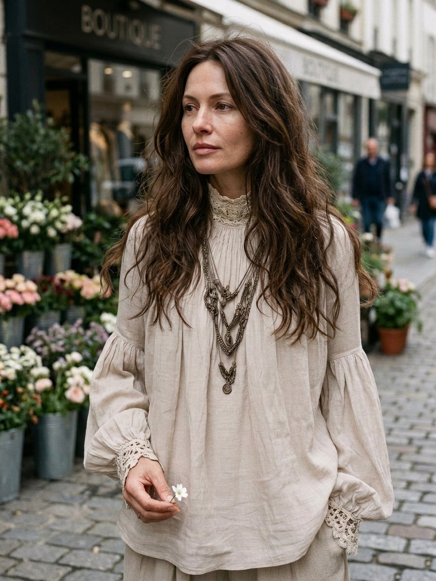 Lace-trimmed Pleated Cotton Linen Blouse