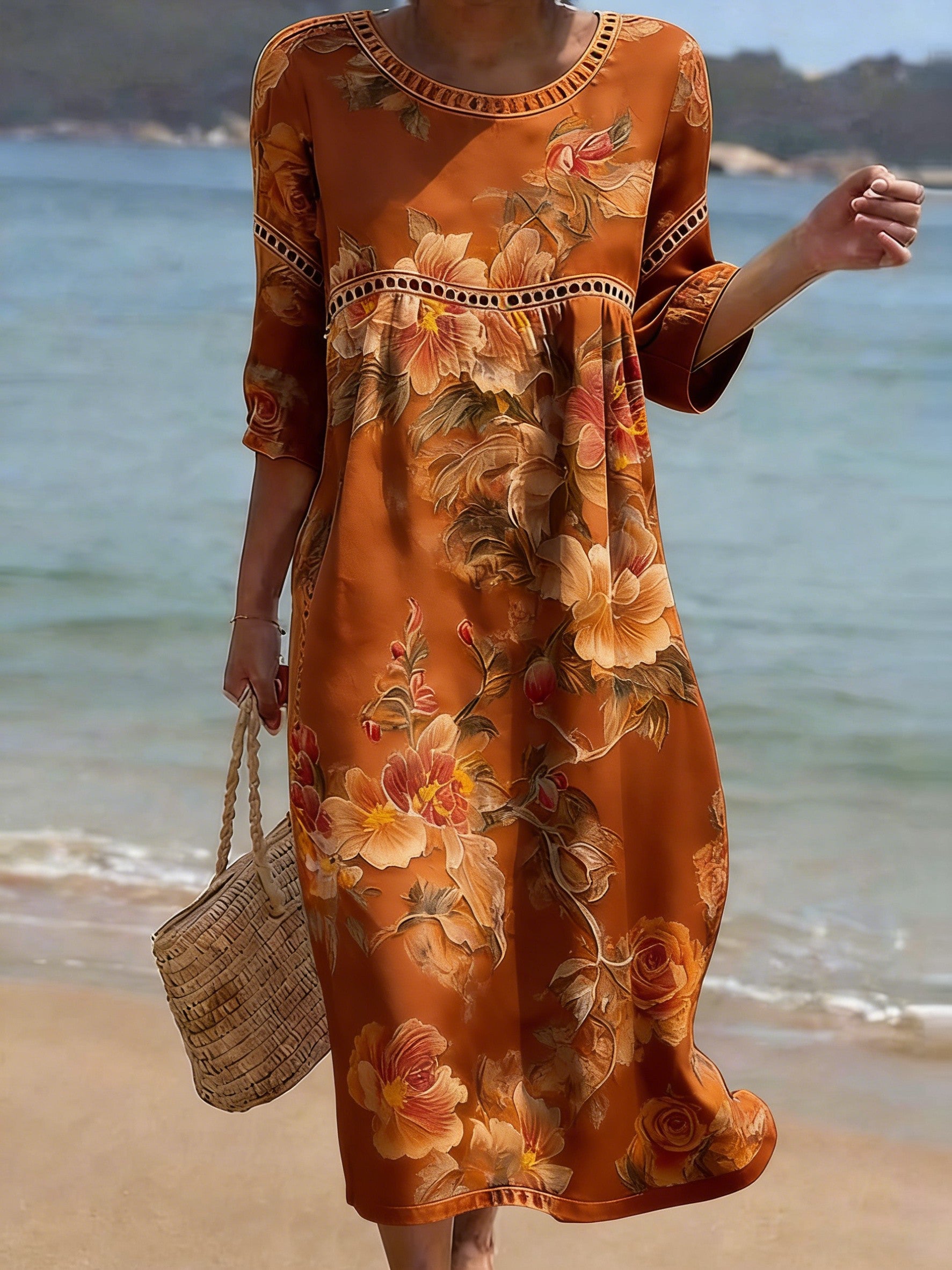 Women's Folk Flowers Print Crew Neck Cotton Pocket Dress