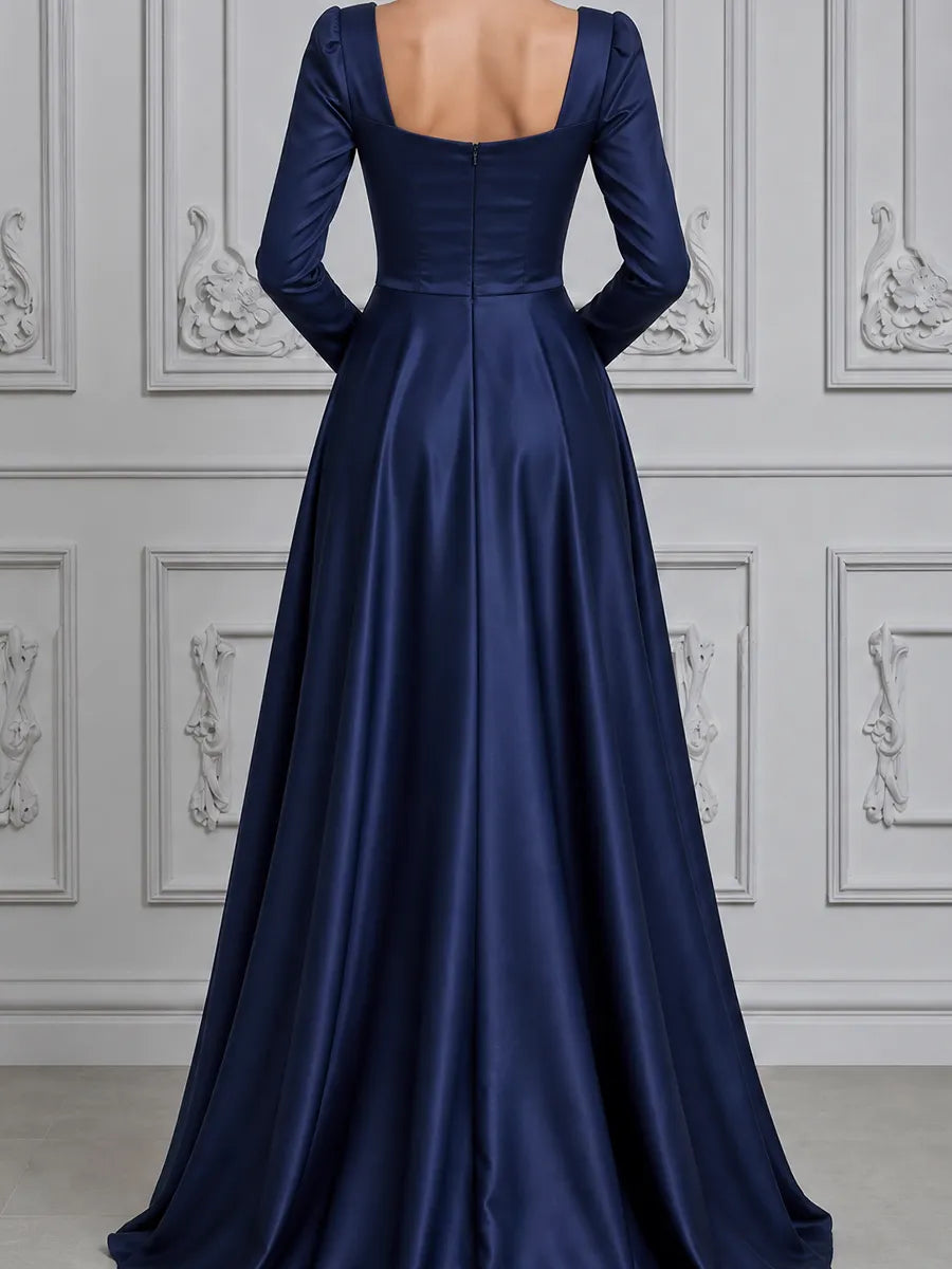 Navy Dress Fall Wedding Guest Dress Satin Embellished Ball Gown Maxi Dress