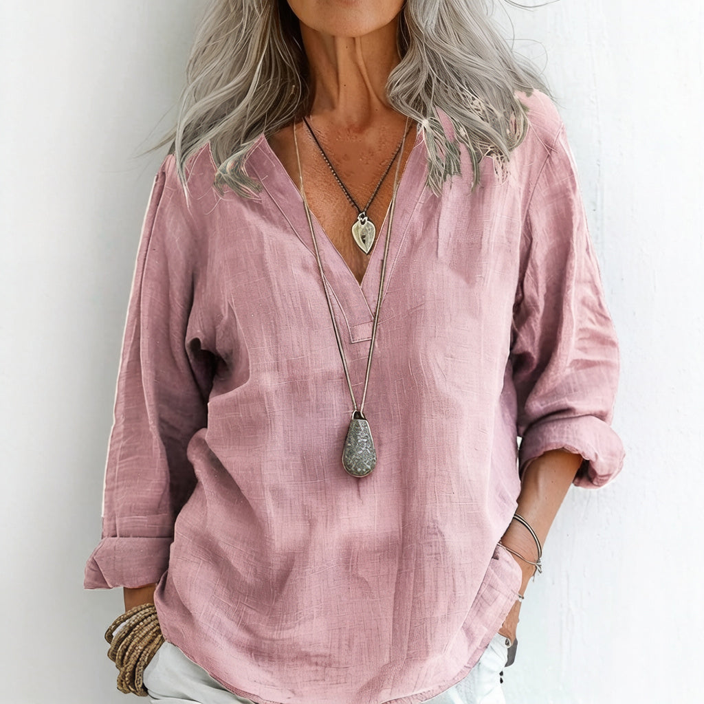 Retro Solid Color Long Sleeve Linen V-neck Shirt