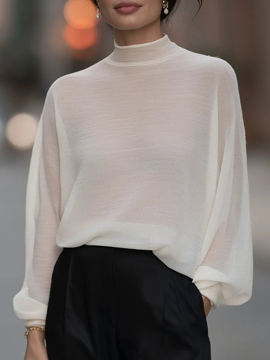 Semi-Sheer High-Neck Batwing Knit Sweater
