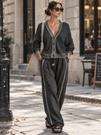 Relaxed Contrast-Trim Cardigan & Wide-Leg Pants Set