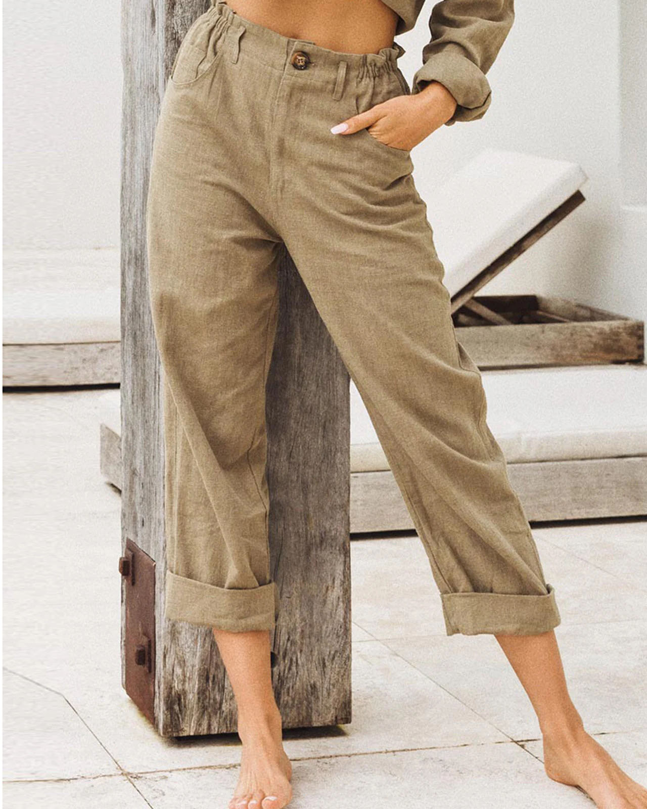 Solid Color Loose High Waist Pants
