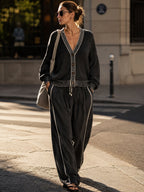 Relaxed Contrast-Trim Cardigan & Wide-Leg Pants Set