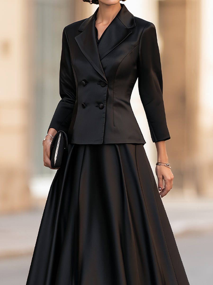 Elegant Double-Breasted Satin Blazer & Maxi Skirt Two-Piece Set