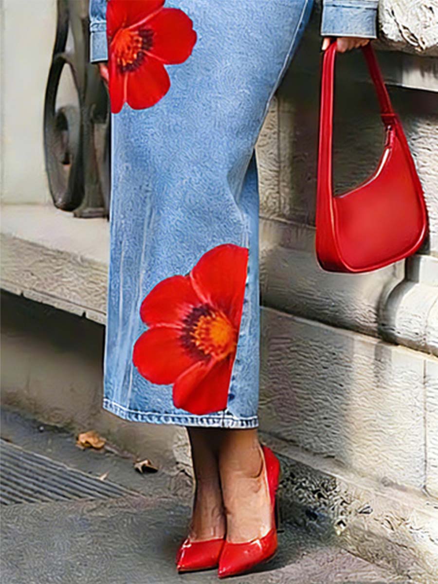 Women's Floral Print Casual Stylish Art Denim Skirt