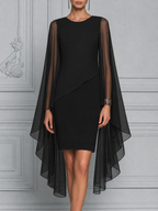 Black Sheer Chiffon Cape Sleeve  Overlay Pencil  Dress