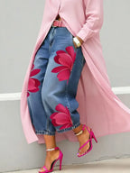 Women's Flowers Print Casual Loose Wide-leg Denim Pants