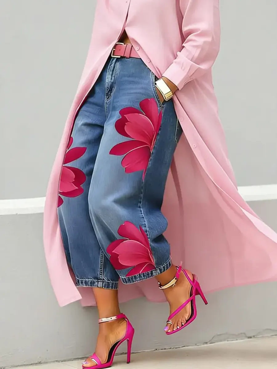 Women's Flowers Print Casual Loose Wide-leg Denim Pants