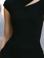 Asymmetric Cutout High-Neck Fitted T-Shirt