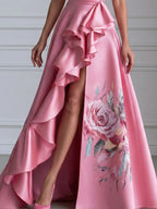 Floral Ruched One-Shoulder Ruffle Satin Evening Gown