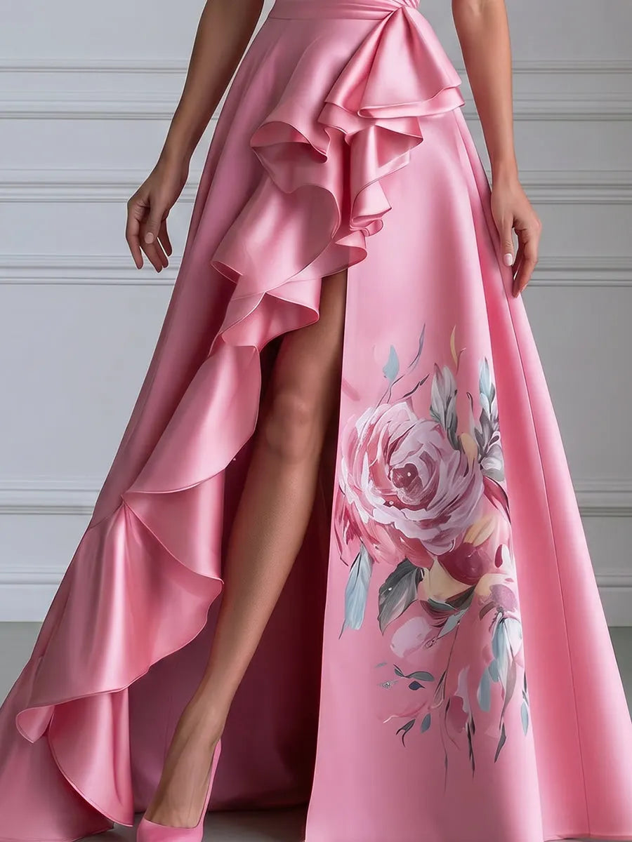 Floral Ruched One-Shoulder Ruffle Satin Evening Gown