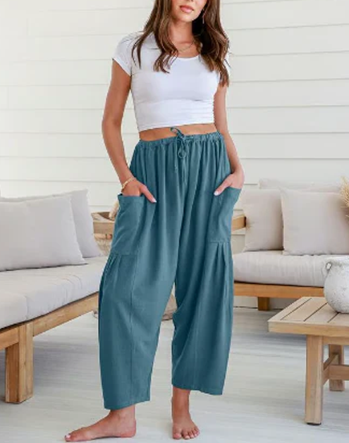Womens Linen Wide Leg Pants Casual Loose Beach Palazzo Harem Pants with Pockets Summer Outfit