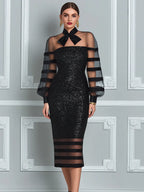 Sheer Bow Neck Sequin Midi Dress