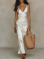 White Button-down Shirt And Satin Slip Dress Two-piece Set