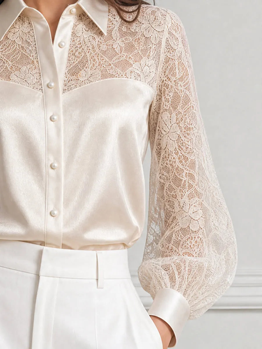 Elegant Floral Lace Satin Patchwork Collared Blouse