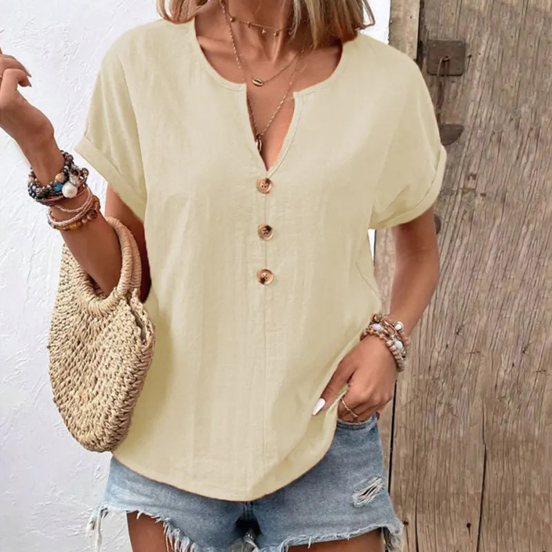 Women's Solid Color Button Linen V-neck T-shirt