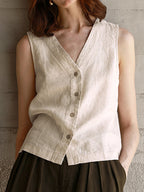Women's Solid Color Cotton-linen Button-up Vest