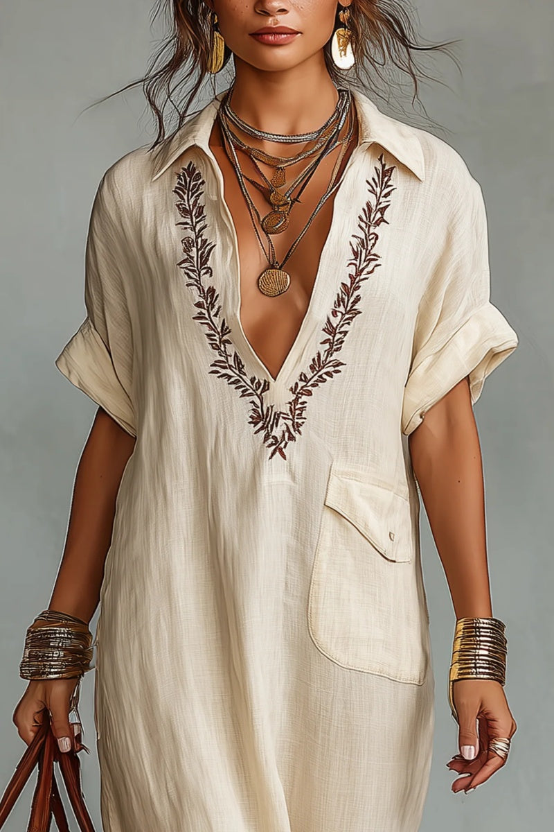 Women's Minimalist Linen Blend Short-sleeved Shirt Maxi Dress