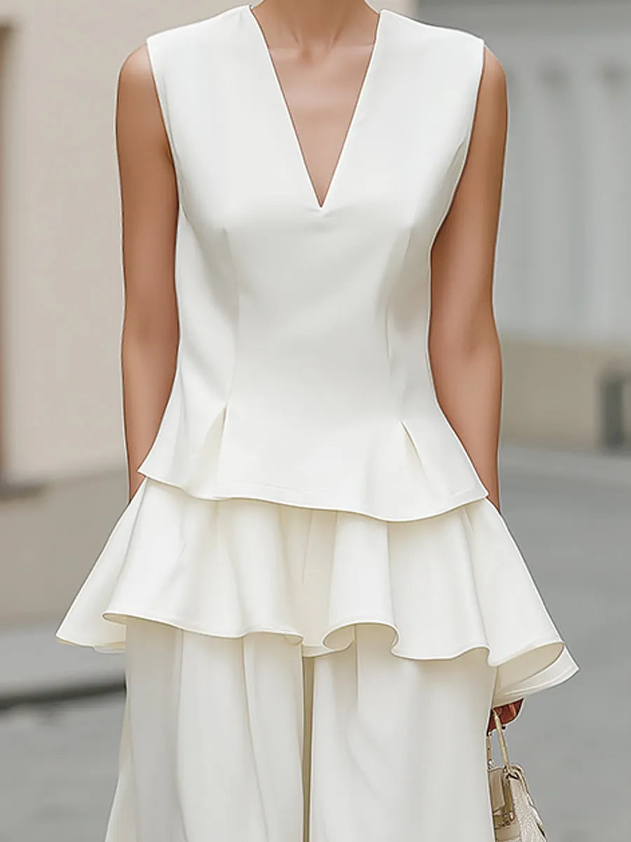 Layered Peplum V-Neck Top And Wide-Leg Pants Set