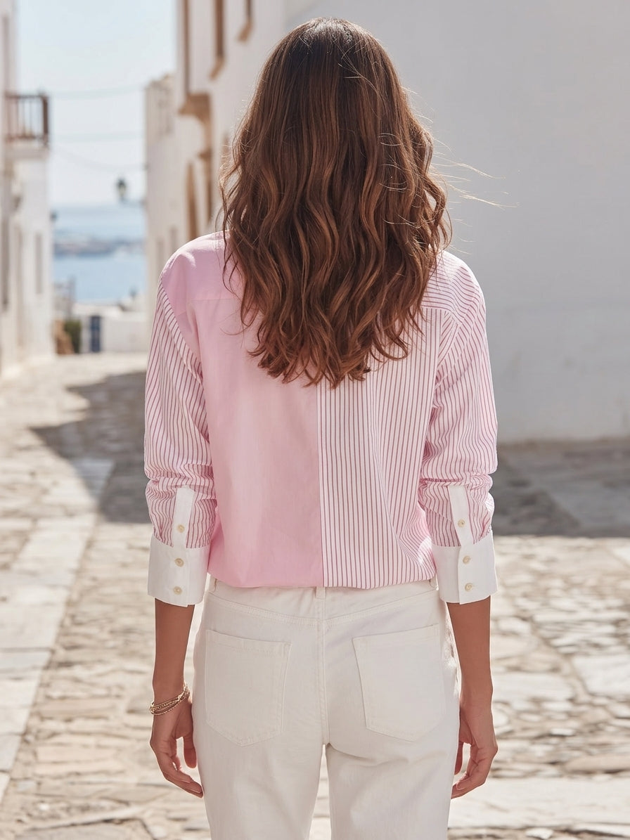 Capri Vibe Pastel Pink Patchwork Stripe Oversized Blouse