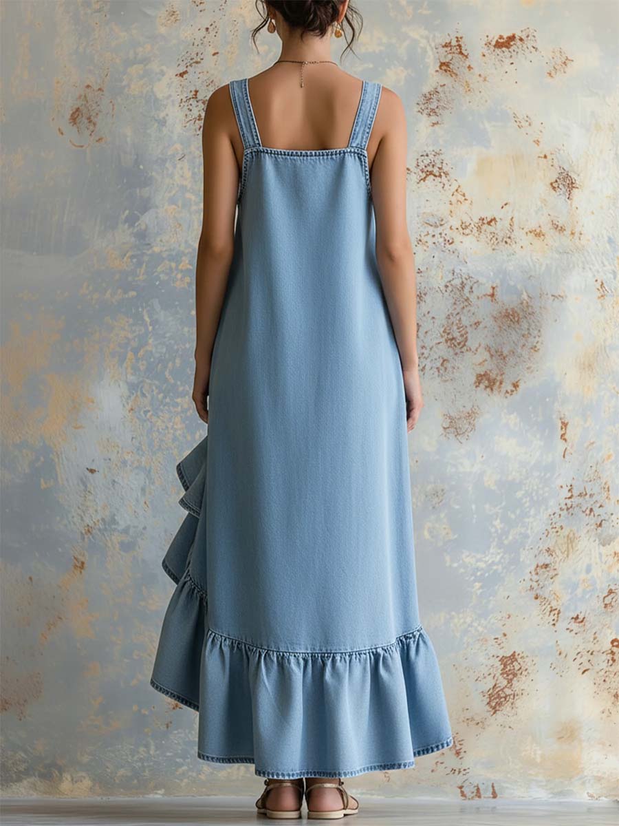 Women's Retro Ruffled Art Stylish Button Casual No Sleeve Denim Dress