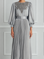 Silver Grey Pleated Maxi Dress With Lace Paneling And Puff Sleeves