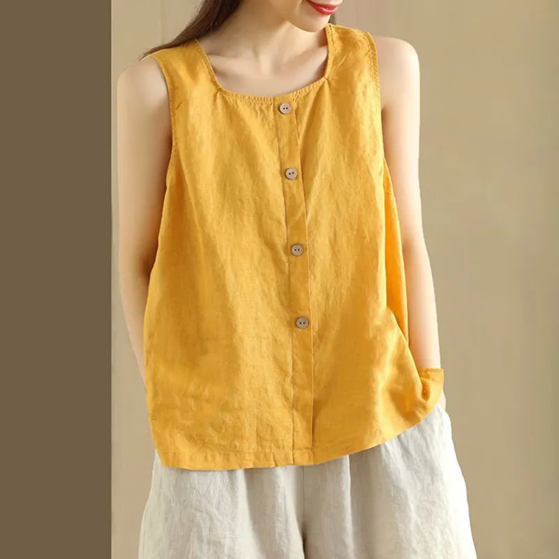 Vintage Button Down Cotton Linen Casual Tank Top