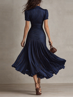 Navy Blue Striped Shirt Collar Satin Pleated Midi Dress
