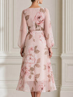 Watercolor Rose Print Wrap Puff Sleeves Midi Chiffon Dress