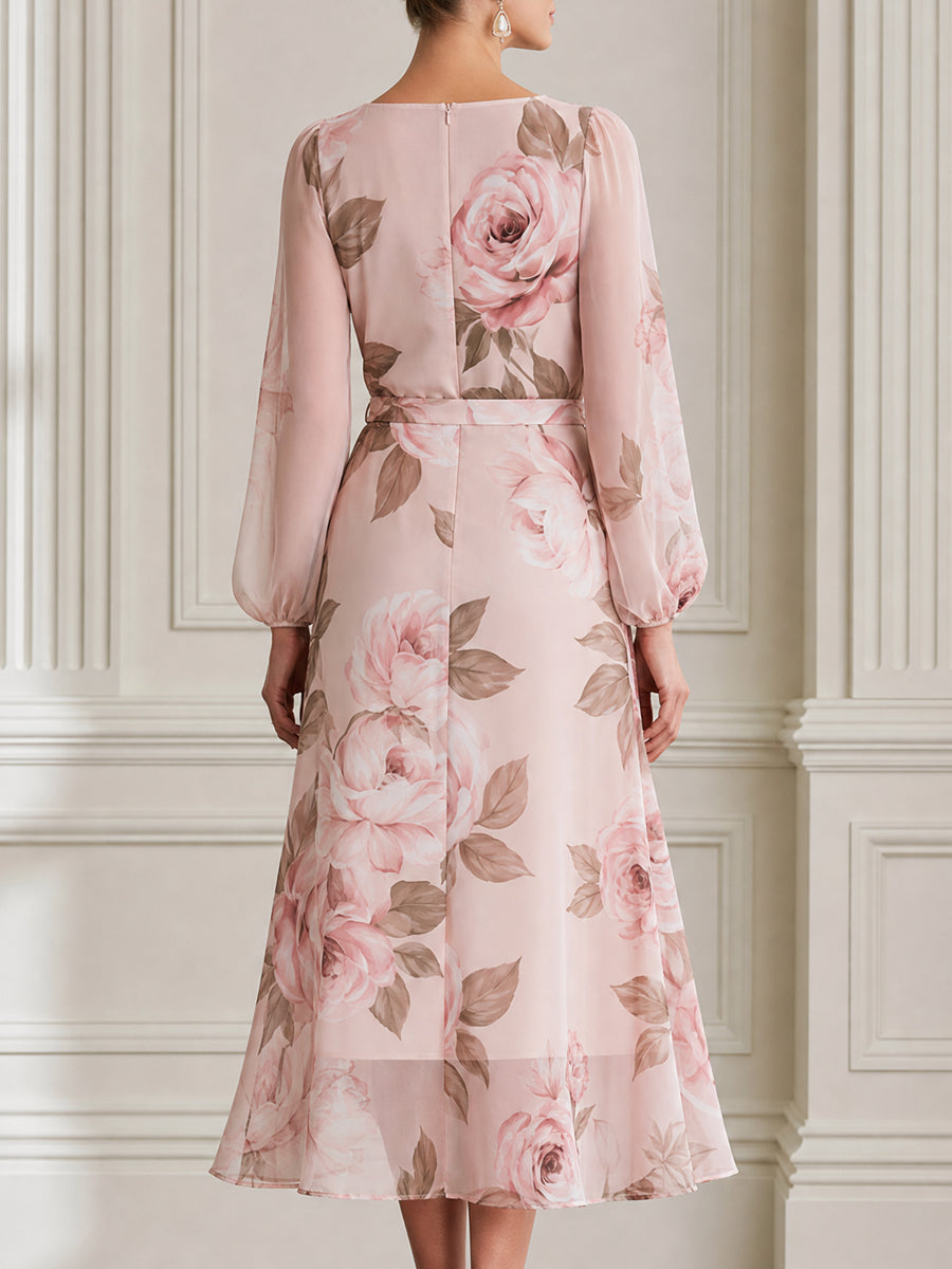 Watercolor Rose Print Wrap Puff Sleeves Midi Chiffon Dress