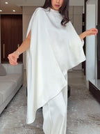 White Satin Irregular Top And Pants Two-piece Set