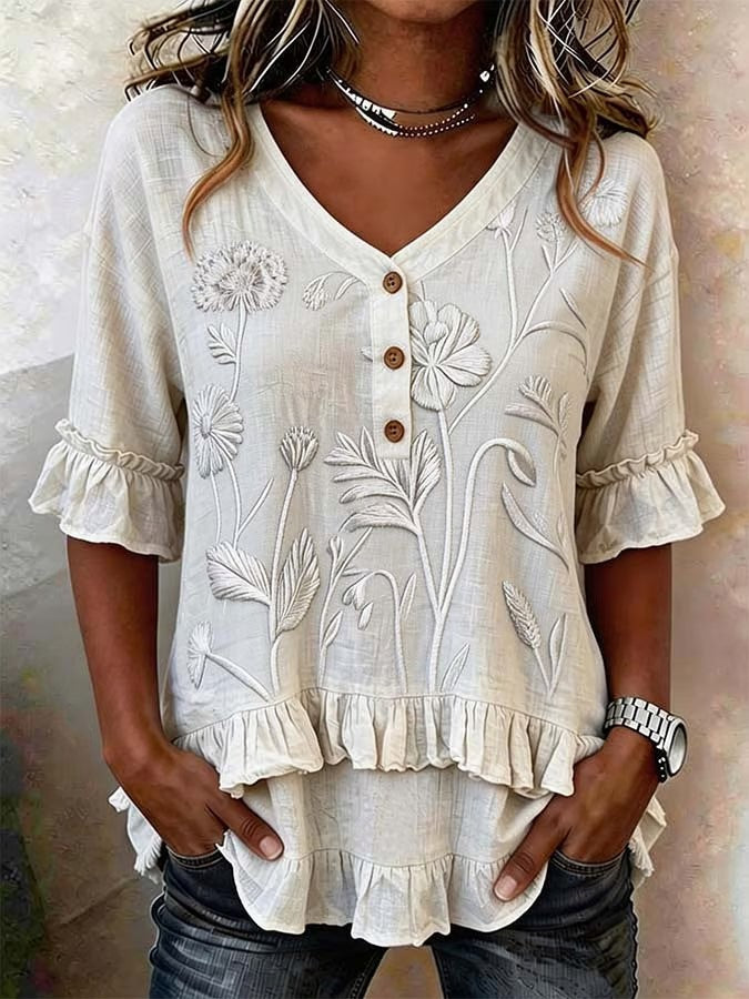 Retro Floral Embroidered V-neck Ruffled Loose-fit Shirt