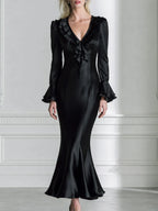 Satin Plunge Ruffle-Neck Flare-Cuff Mermaid Maxi Dress