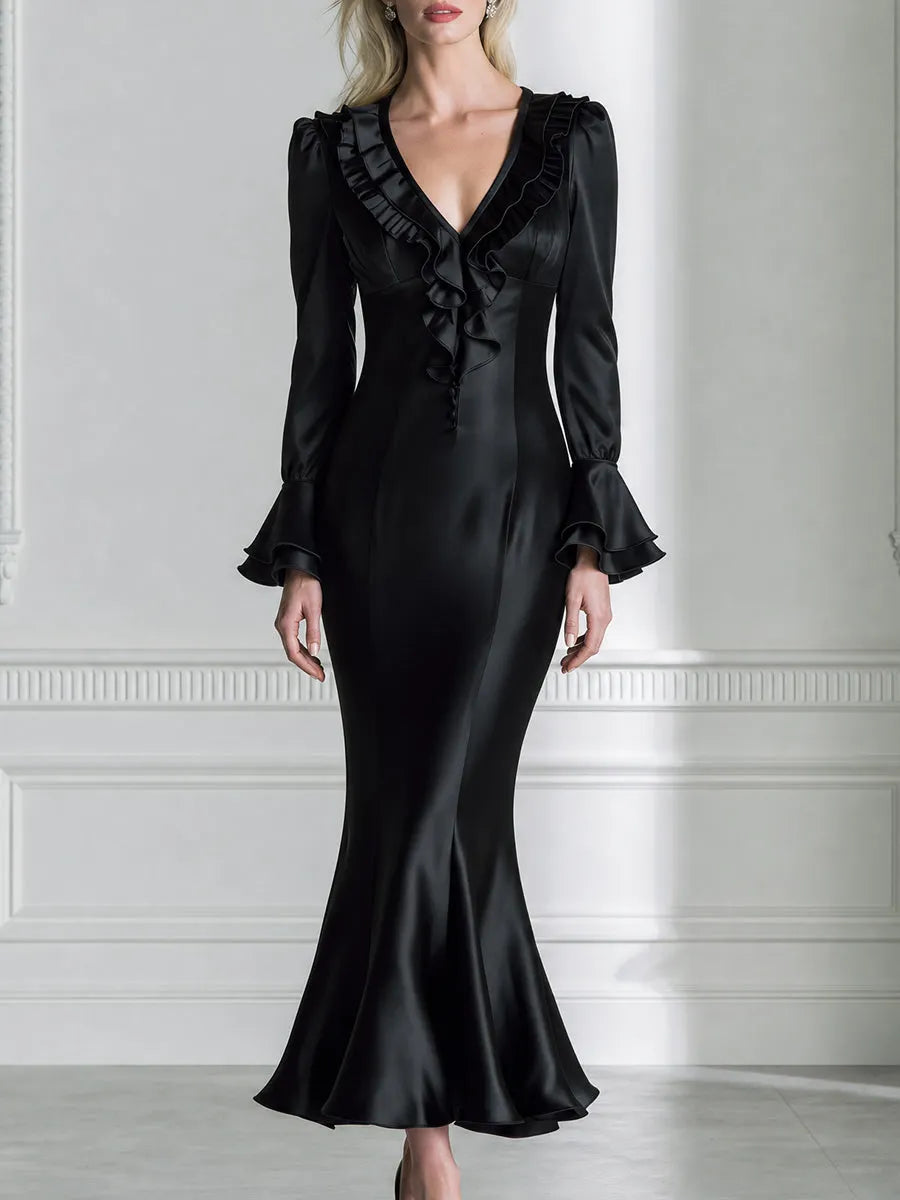 Satin Plunge Ruffle-Neck Flare-Cuff Mermaid Maxi Dress