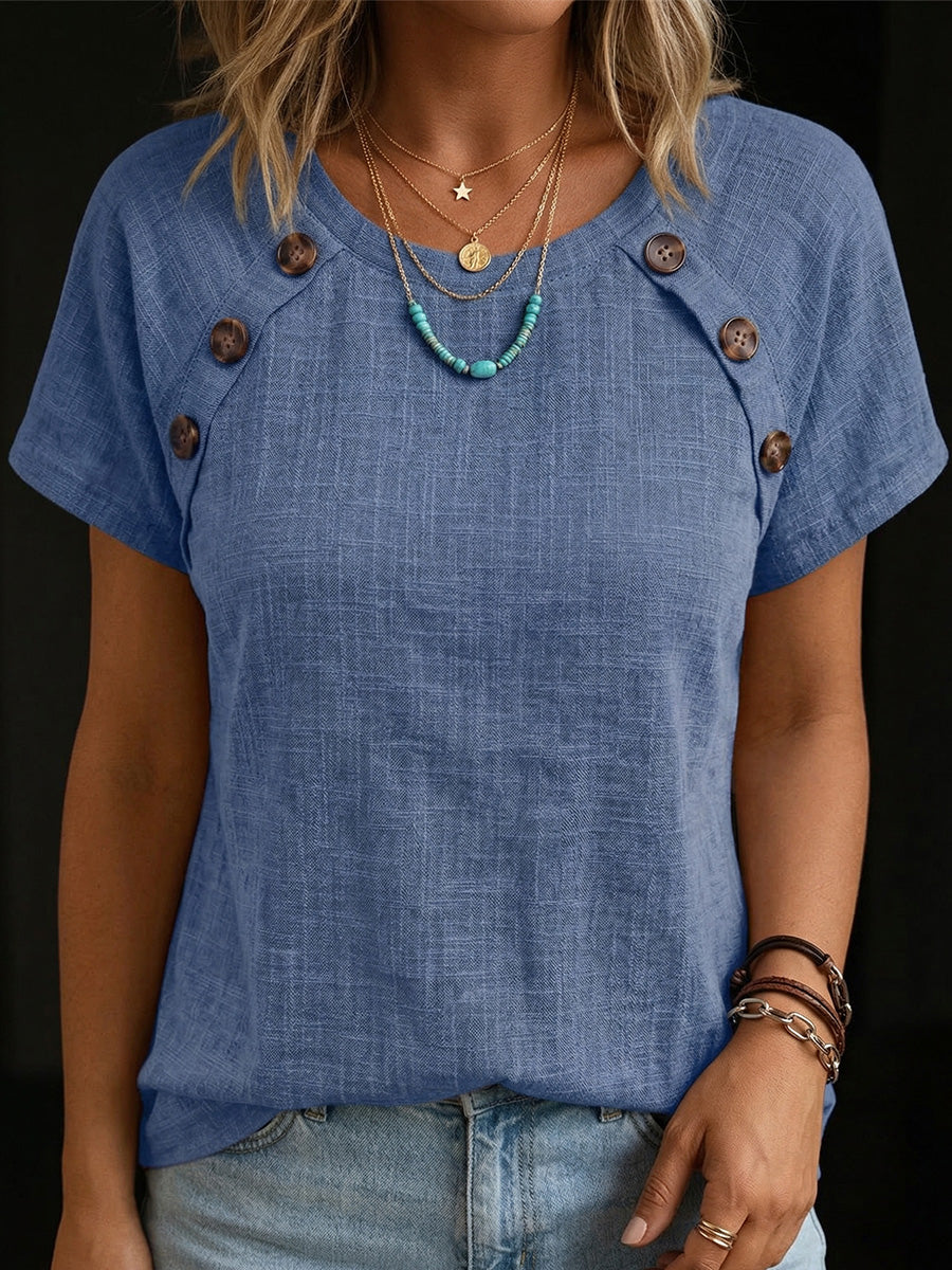 Women's Round Neck Button Splicing Cotton Linen Top