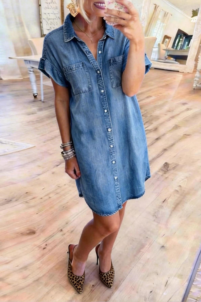 Short Sleeve Patch Pocket Denim Dress