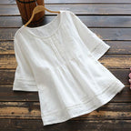 Solid Color Cotton And Linen Patchwork Hollow T-Shirt