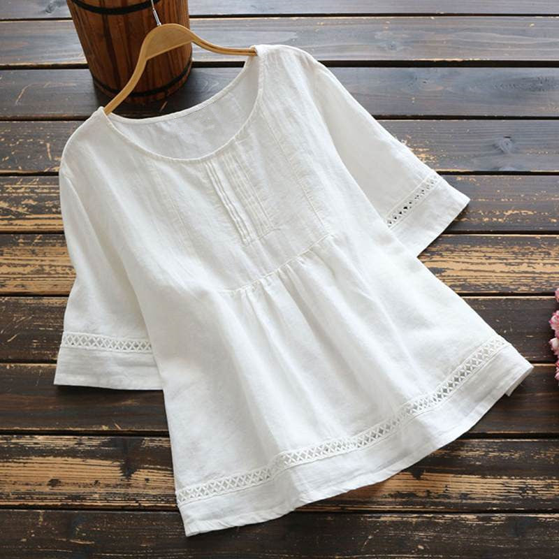 Solid Color Cotton And Linen Patchwork Hollow T-Shirt