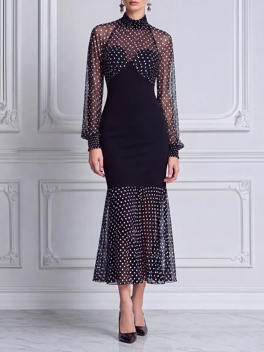 Black Dress Fall Wedding Guest Dress Polka Dot Mesh Mermaid Midi Dress
