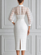 White Dress Sheer Plaid Puff Sleeve Pencil Midi Dress