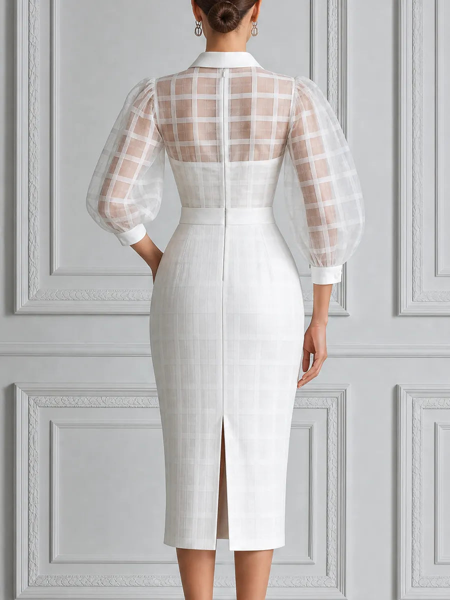 White Dress Sheer Plaid Puff Sleeve Pencil Midi Dress