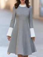 Houndstooth Color Block Flared Midi Dress With Ribbed Mock Neck